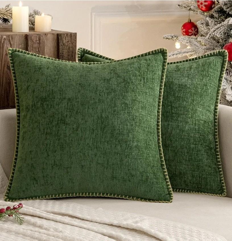 MIULEE Pack of 4 Christmas Couch Pillow Covers 18x18 Inch Moss Green Farmhouse Decorative Throw Pillow Covers with Stitched Edge Soft Chenille Solid Dyed Pillow Covers for Sofa Bed Living Room 18"×18"