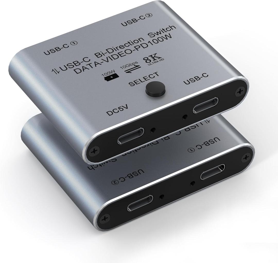 8K USB C Splitter USB C Switcher for 2 Computers - Bi Directional 2 in 1 Out USBC Switch 8K@60Hz 4K@144Hz for Video Transfer + 100W Charging + 10Gbps Data, with Power Cable