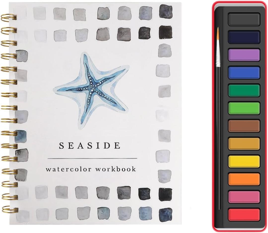 Watercolor workbook,Beginner Watercolor workbook,16-Page Spiral-Bound Water Painting Book,Contains 12 Colors of Paint and a Brush (Ocean)