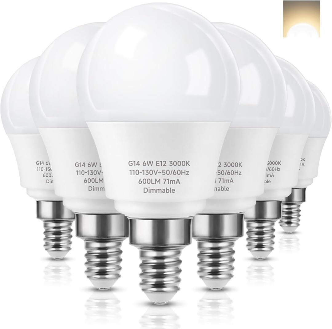 E12 Dimmable 60W Equivalent LED Light Bulbs, A15 6W Ceiling Fan Light Bulbs Warm White 3000K, Candelabra Base Globe Shape LED Bulbs, 600 Lumen, 6 Pack