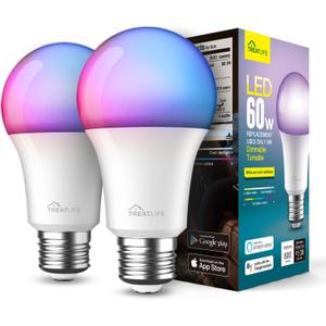 Treatlife Smart Light Bulb, Dimmable Multicolor and White LED Bulb, Compatible with Alexa, Google Assistant, A19 E26 8W (60W Equivalent), No Hub Required, 2 Pack