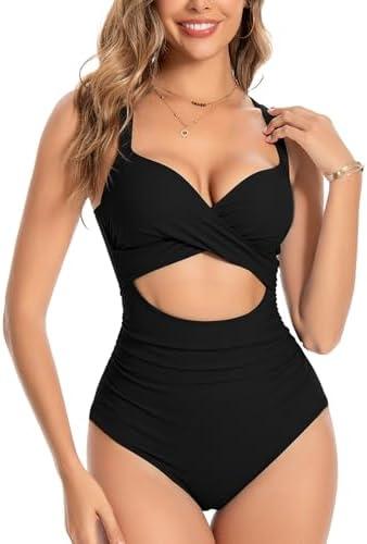 Hedya Flow Women's One Piece Swimsuits Tummy Control High Waisted Bathing Suit Sexy Slimming Wrap Tie Back 1 Piece Swimwear, M