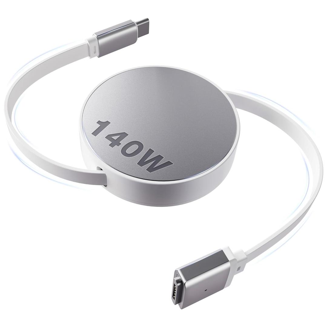 Hugener Magnetic 3 Retractable Cable USB-C 5.4FT for M4/M3/M2 MacBook Air & Pro Charger, 140W Safe 3 Cable for MacBook Air (13"/15" 2025/2024/2023/2022), Pro (16"/14" 2024/2023/2021), White