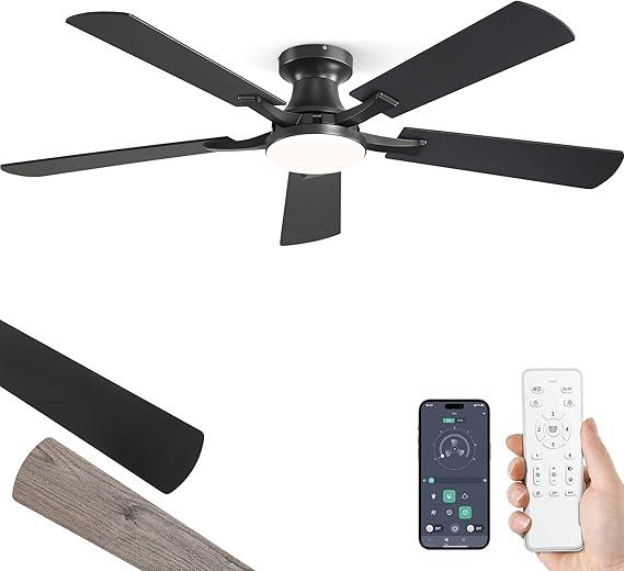ZMISHIBO 52 Inch Ceiling Fan with Light, App&Remote Control, Flush Mount Low Profile, Dimmable 20W LED Light, Quiet Reversible Motor for Bedroom, Living Room, Apartment, Blac