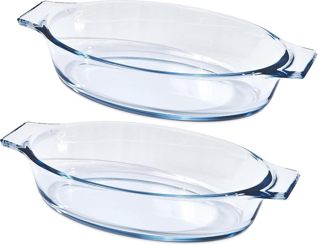 Small Casserole Dishes Oval 2 Pack, 23oz Glass Au Gratin Baking Dish, Individual Oval Baking Pan for Oven Microwave Air Fryer, 1 or 2 Person Servings, Bakeware Clear Prep Bowls with Handle