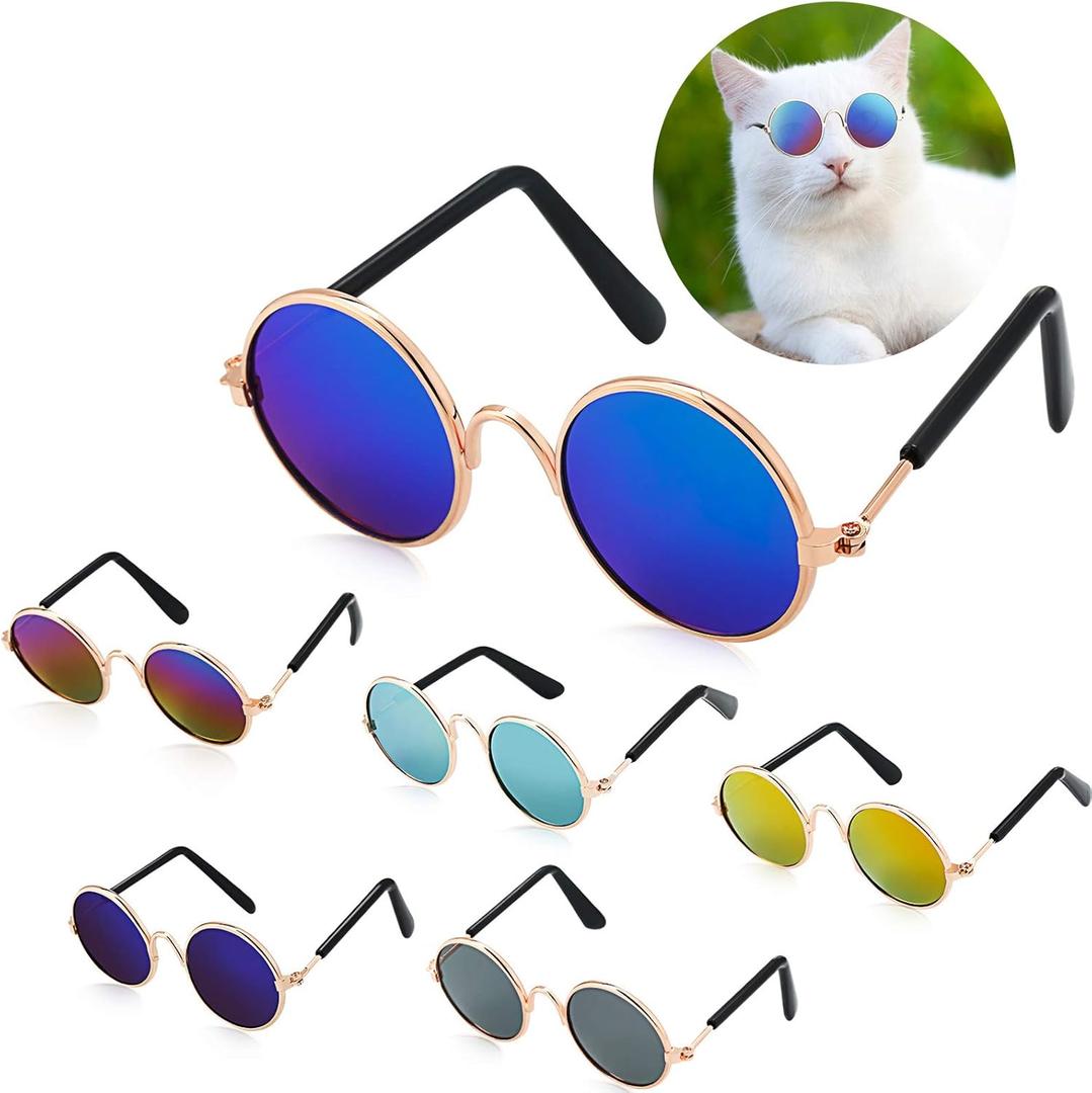 6 Pieces Cat Sunglasses Funny Pet Sunglasses Small Dog Sunglasses Classic Retro Circular Pomeranian Sunglasses Eyewear Photos Props Accessories Cosplay Glasses Black and Mix Reflective Color