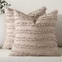 MIULEE Set of 2 Decorative Boho Throw Pillow Covers Linen Striped Jacquard Pattern Cushion Covers for Sofa Couch Living Room Bedroom 20x20 Inch Beige