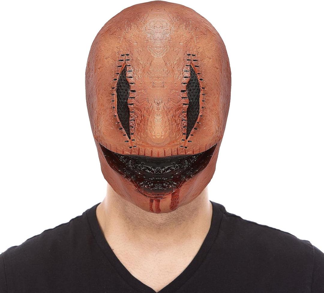 Pigmiss Halloween Smiley Serial Killer Mask Full Head Latex Scary Demon Mask Creepy Bloody Mouth Sutured Eyes Halloween Cosplay Costume Horror Movie Props