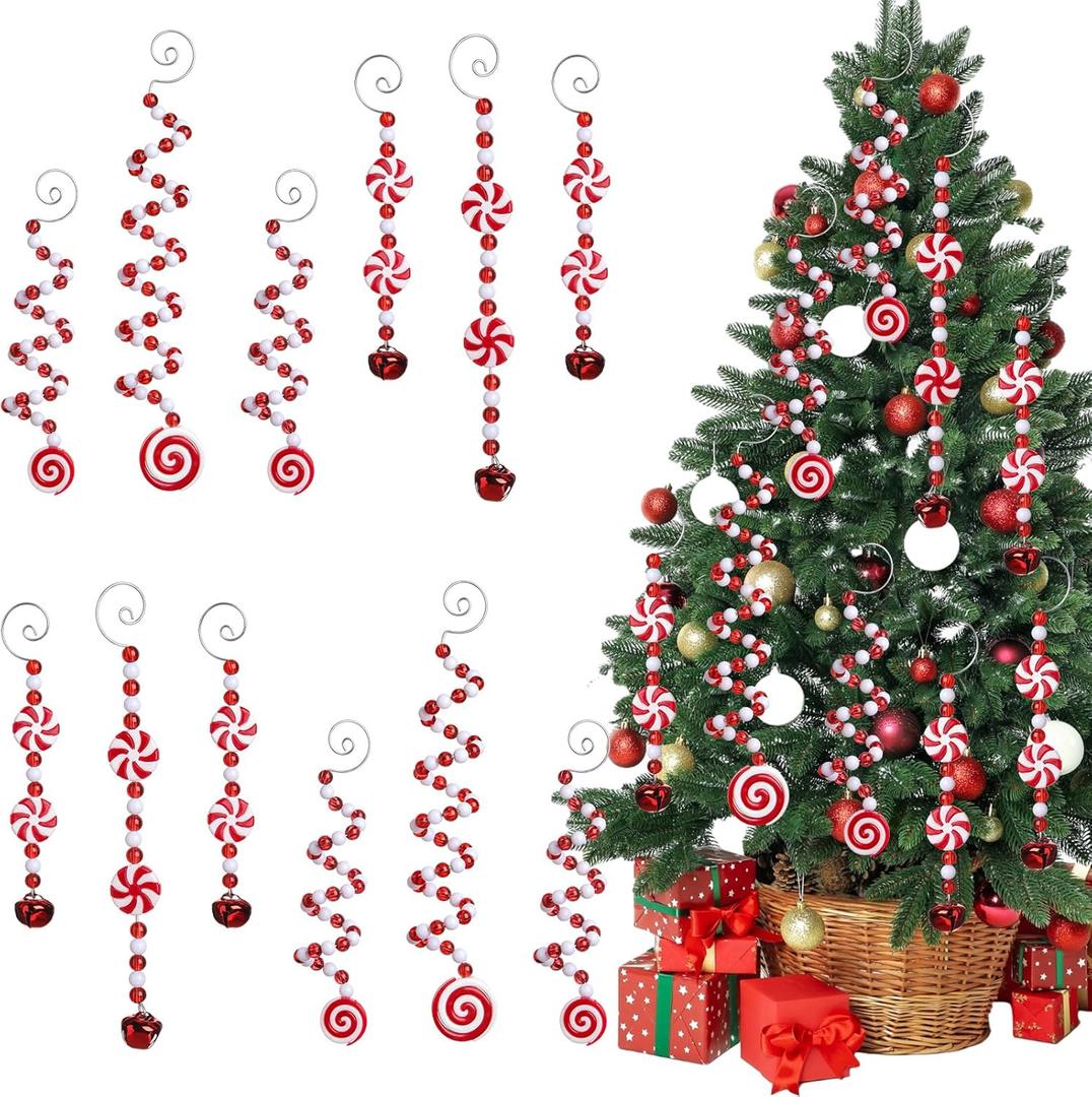Roundfunny Christmas Candy Hanging Ornaments 12 Pcs Christmas Bells Curly Pick Plastic Lollipop Tree Topper Decor for Xmas Crafts Home Indoor Outdoor Holiday Party (Red and White)