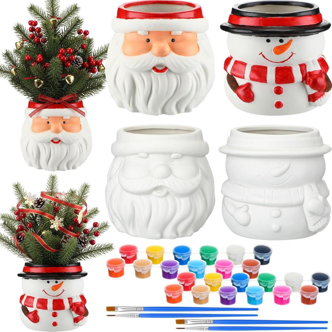LemonRoad 4 Pcs 4.84" Christmas Santa Ceramic Planters Paint Color Your Own Snowman Santa Claus Pot DIY Ceramic Holiday Flower Pot Painting Craft Kit for Xmas Indoor Home Office Desk Decorate