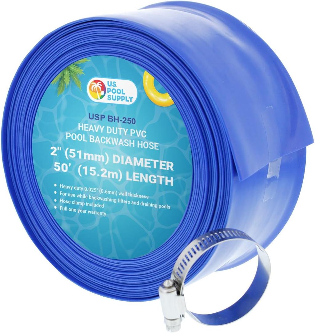 U.S. Pool Supply Pool Backwash Hose 2" x 50' - Heavy-Duty Pool Drain Hose, Filter Pump Water Drainage, Sump Pump Discharge, Inground Draining - Flexible Lay Flat, Clamp