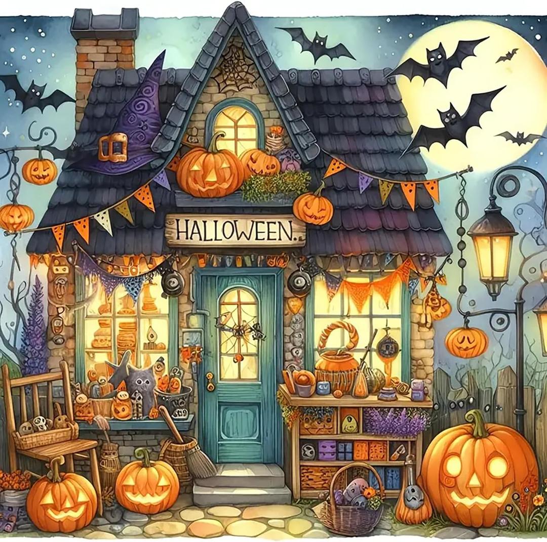 Halloween Pumpkin Bat House Diamond Painting Kits for Adults, 5D Diamond Art Kits for Adults Beginners, DIY Full Round Drill Diamond Dot Painting Gem Art Kits for Adult, Home Wall Decor 13.8x13.8 Inch