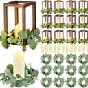 Geelin 12 Set 10.59'' Brown Wooden Lanterns for Wedding Centerpieces Include 12 Wooden Lantern 12 LED Candle 12 Eucalyptus Leaves Wreath for Wedding Baby Shower Farmhouse Rustic Table Decor