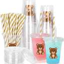 Whaline 50Pcs Bear Disposable Plastic Cups with Lids and Straws 12oz Cute Brown Bear Party Cups Cold Beverage Drinking Cups for Baby Shower Birthday Party Supplies