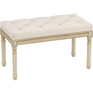 Yusong Upholstered Bench, Bedroom Bench for End of Bed, Piano Bench with Button Tufted Padded Seat for Living Room, Dining, Entryway, Shoe, Vanity Foot-Stool with Carved Wood Legs, Beige, 31.50''*15.75''*18.89''