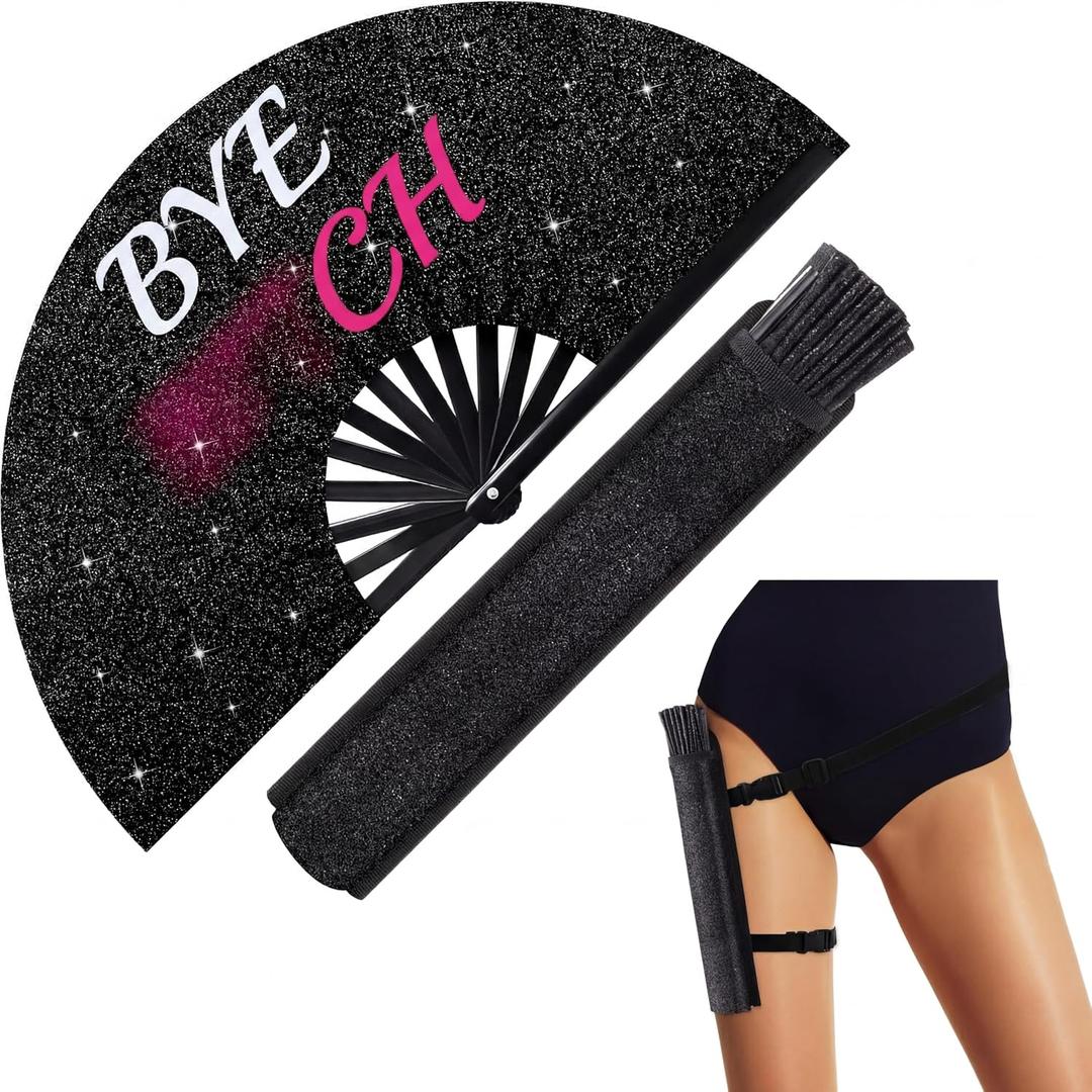 FairySandy Large Rave Fan UV Glow Hand Fan with Thigh Holster for Women Carnival Disco Party Supplies for Carnival Edm Music Festival Club Accessories Performance(Stylish Style,Black)