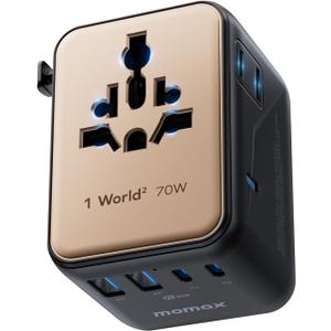 MOMAX Mini 7-in-1 Universal Travel Adapter, GaN 70W Dual AC, 3 USB-C PD & 2 USB-A QC, International Power Charger for 200+ Countries  Compact Travel Adapter for Laptop, Phone, UK/AUS/EU/JP Plug