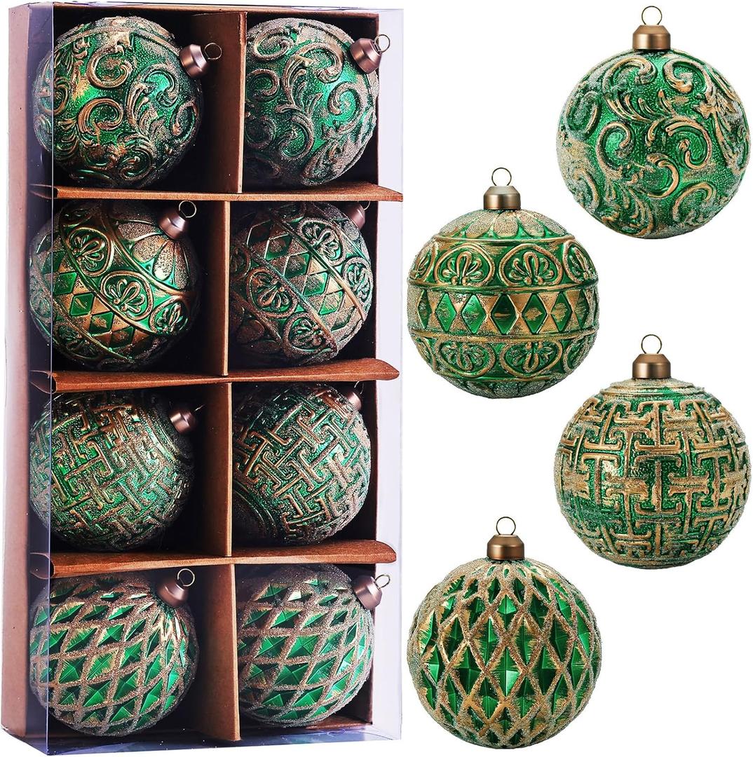 3.15" Vintage Christmas Ball Ornaments, Rustic Green Frosted Distressed Christmas Ornaments Set, Shatterproof Farmhouse-Style Tree Decorations for Xmas Home Holiday Dcor(Pack of 8)