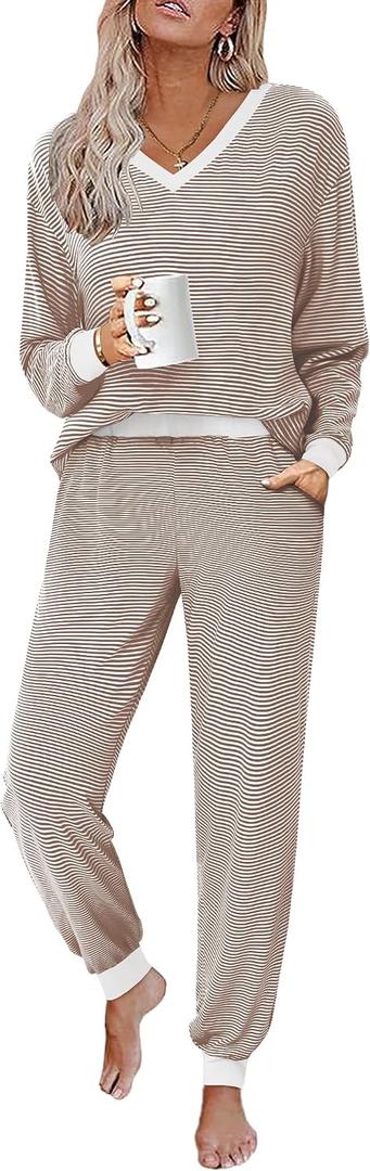 JUSTFASHIONNOW Women's Pajama Sets 2 Piece Striped Lounge Sets Long Sleeve Top and Pants Soft Sleepwear Pjs 2026 Fall Outfits (Brown, XXL)