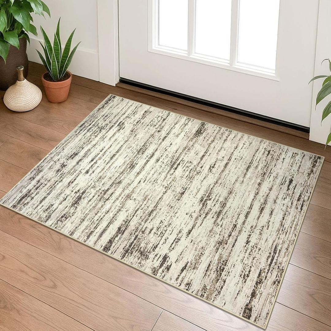 Modern Abstract Entryway Rug Indoor 2x3 Washable Rug Non-Slip Soft Small Area Rug Beige Kitchen Mats Thin Print Faux Wool Floor Carpet Throw Rugs for Entrance Bedroom Office Home Decor (Beige White Grey Brown)