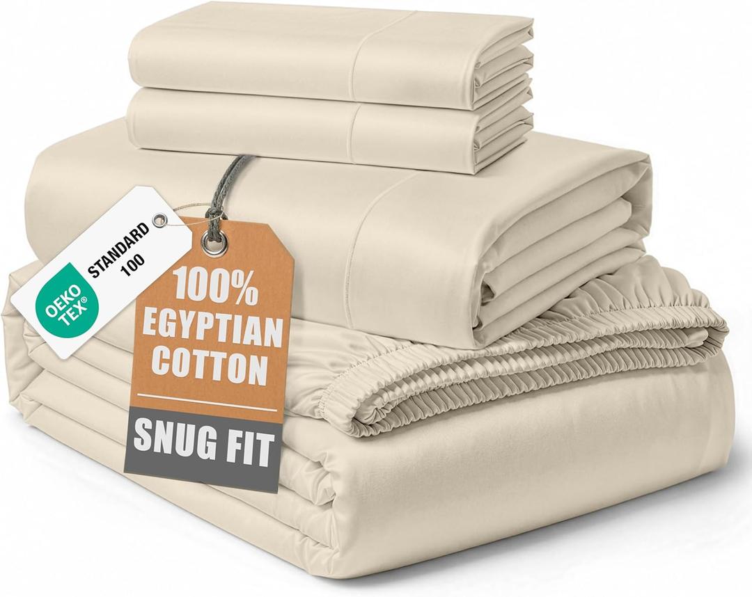 LANE LINEN 100% Egyptian Cotton Queen Sheet Set, Soft & Comfy Hotel Like Thick Fully Elasticized Mercerized Cotton Queen Size Set, No Pill Fade Resistant Queen Sheets, 15" Deep Pocket - Summer Sand