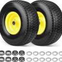 2 Pcs 15x6.00-6nhs Flat Free Lawn Mower Tire and Wheel,15x6-6 Lawn Mower Tire with 3/4" & 5/8" Bearing-1"Bushings,3" Centered Hub,Compatible with John Deere Husqvarna Riding Mowers Lawn Tractors