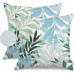 GEEORY Outdoor Waterproof Pillow Covers 18x18 Inch Set of 2, Leaves Decorative Throw Pillowcases Indoor Outdoor Courtyard Garden Patio Sofa Couch Decoration Blue GF005-18