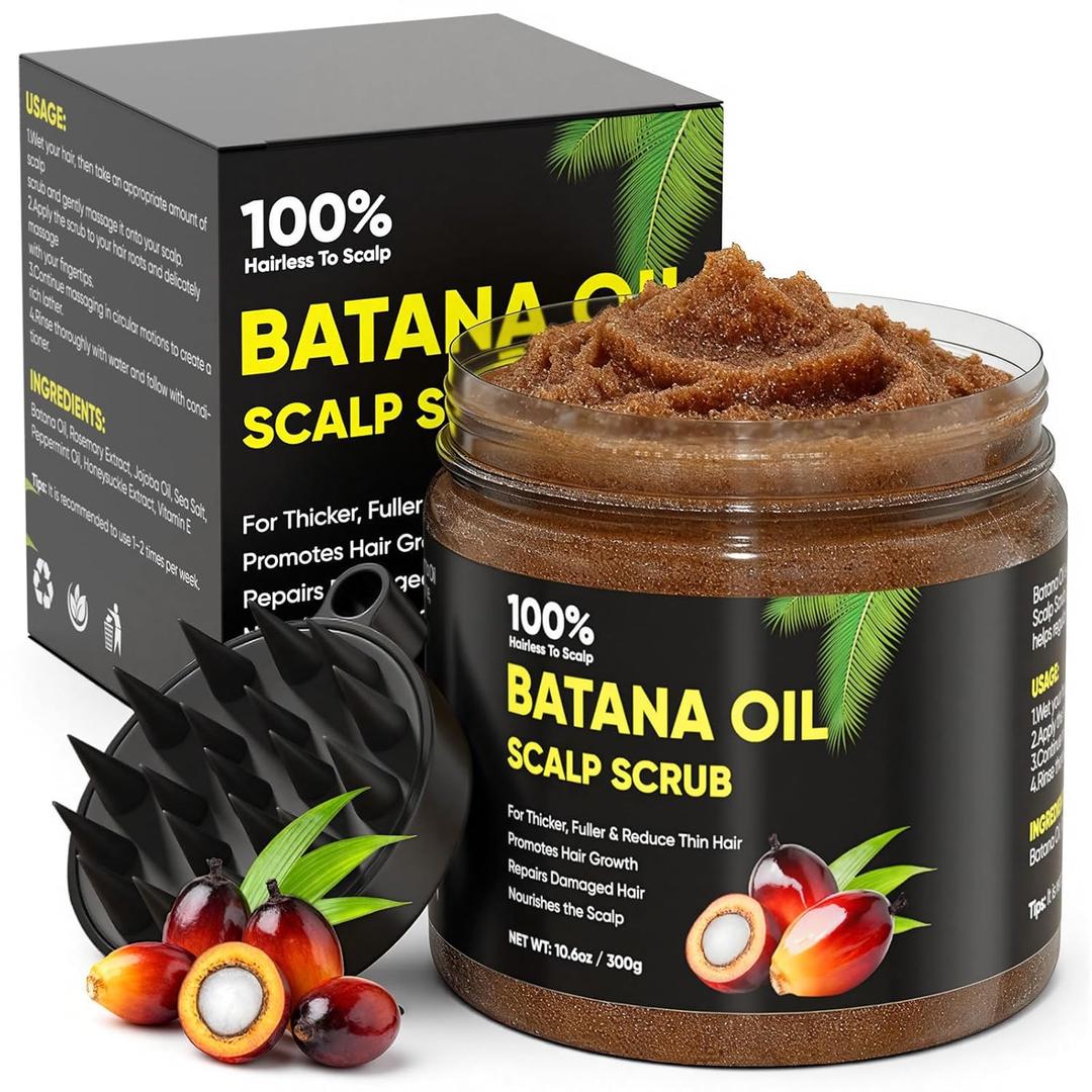 Batana Oil Scalp Scrub for Hair Growth, Organic Batana for Nourishes Hair with Rosemary, Scalp Oil Promotes Hair Thickness, Prevents Loss for Men & Women, Hairs Scrub with Scrubber, 10.6 oz