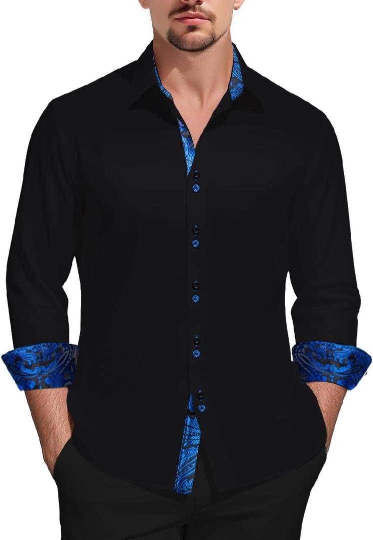 DiBanGu Men's Dress Shirt Long Sleeve Regular Fit Button Down Shirts with Collar Pin Inner Contrast Color Shirt (Black and Blue)