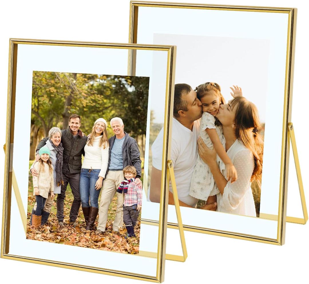 Qiannhee Gold Floating Picture Frame 5x7, Double Glass Metal Photo Frame for Tabletop Display, Modern Gold Picture Frame for Photos, Dried Flower & Home Dcor