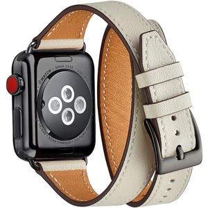 Bestig Bands Compatible with Apple Watch Band 40mm 41mm 38mm 42mm(Series 10 11) Women Men, Genuine Leather Double Tour Designed Slim Thin Strap for iWatch SE1/2/3 Ultra 3/2/1 Series 9 8 7 6 5 4 3 2 1 (IvoryWhite+Black)