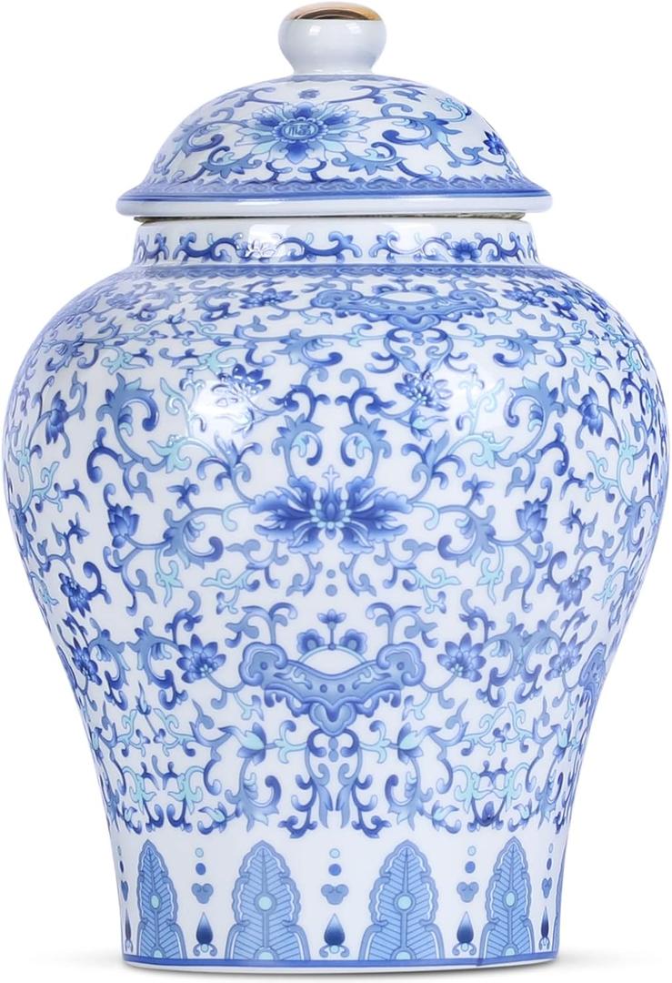 Chinese Ginger Jar with Lid Chinoiserie Antique Style,Home Decorative Retro Blue and White Porcelain Flowers Ceramic Covered Jar Vase,Traditional China Ming and Qing Style (Utmost Jar)