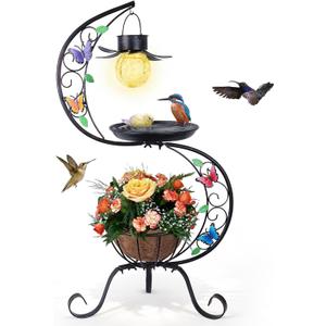hogardeck Bird Bath for Outside with Solar Lamp, Metal Birdbaths for Outdoors with Flower Planter Pedestal, Vintage Birdbath for Garden Yard Patio Lawn Decor
