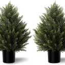 Artificial Topiary Cedar Trees 2FT Tall 2 Set, Outdoor Indoor Faux Pine Shrubs Plants, Realistic Fake Plants Front Porch Decor, Artificial Bushes Cypress for Home Front Door Offices (Green)