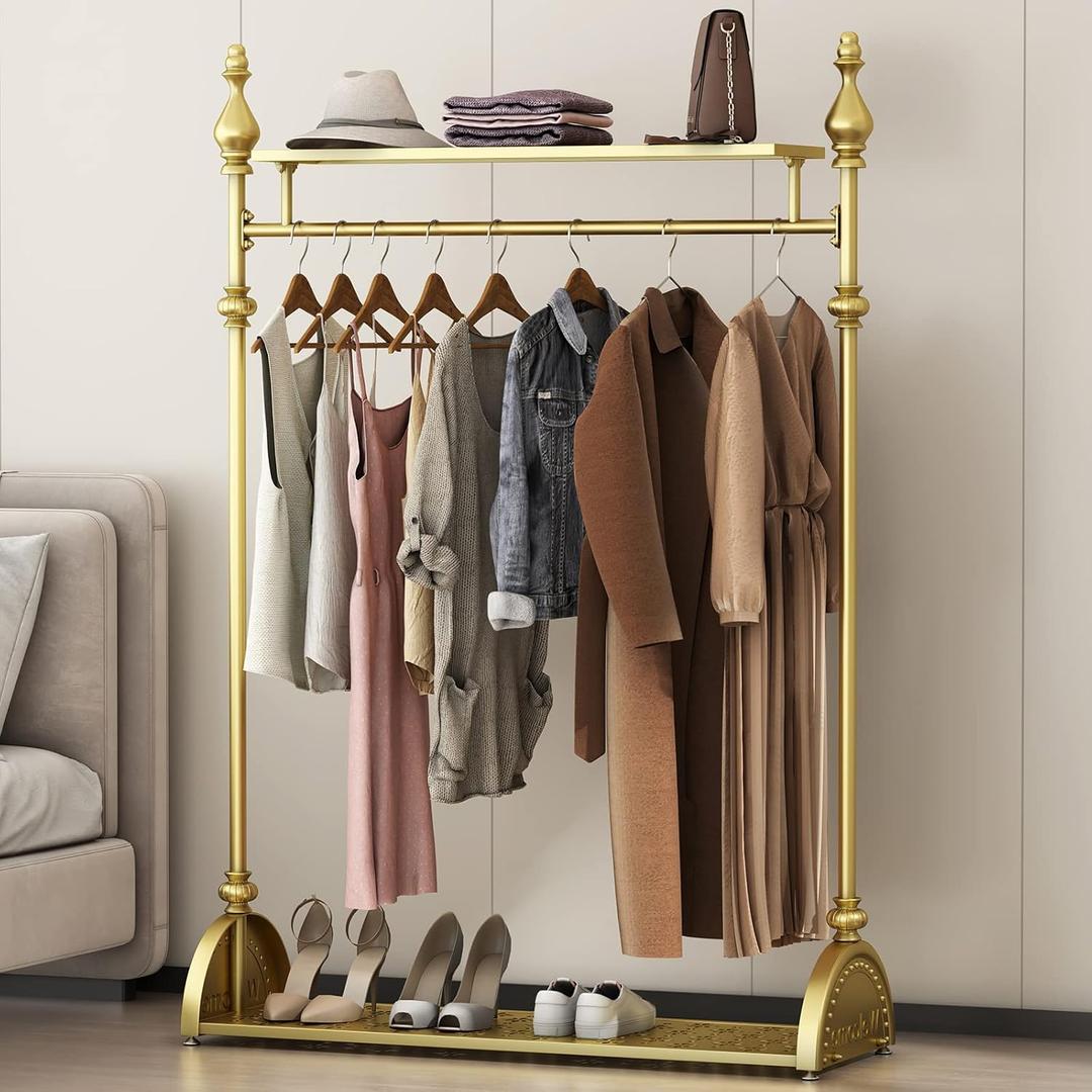 Clothing Rack Gold, Industrial Clothes Rack for hanging Clothes with Double Shelves Freestanding Multi-functional Heavy Duty Garment Rack, Metal Movable Coat Rack for Organizing Clothes Shoes (39'' L)
