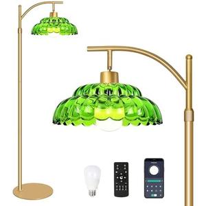 Gold Floor Lamps for Living Room, Modern Standing Lamp for Bedroom, Mid Century Dimmable Tall Lamp with Green Glass Shade＆Remote, 12W LED Bulb Included