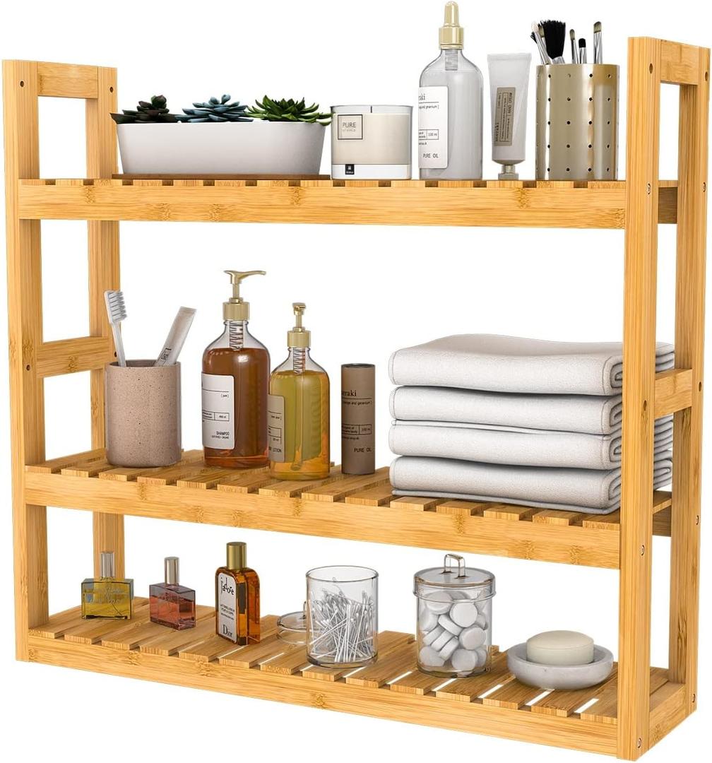 Domax Bamboo Bathroom Shelf 3-Tier Wall Mount Storage Rack Multifunctional Adjustable Layer Free Standing Over Toilet Utility Shelves Living Room Kitchen (Bamboo), 23.6 x 5.9 x 21.3 inches