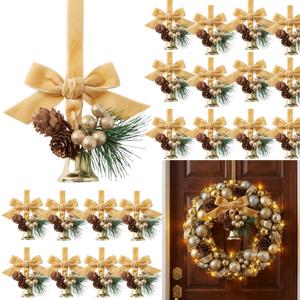 Hollowfly 24 Pcs Hanging Christmas Bells for Wreaths Decoration Jingle Bells with Bow and Pinecone Ornaments for Christmas Tree Home Xmas Door Wreath Gifts Holiday Party Decoration(Gold)