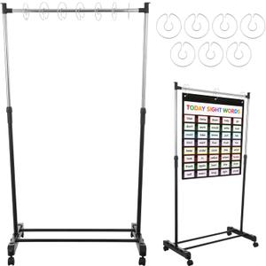 Adjustable Pocket Chart Stand, Rolling Pocket Chart Holder with Casters & 7 Rings, 35.75-63" Height, Teaching Supplies for Classroom Room Educational Tools
