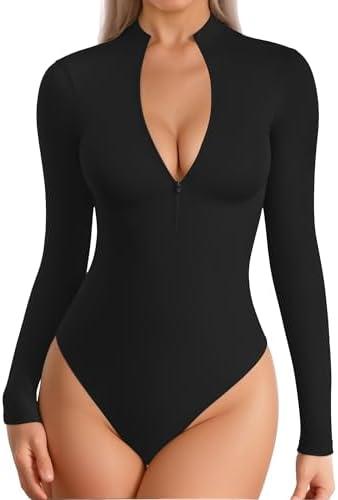 MANGOPOP Long Sleeve Body Suit Mock Turtle Neck Zip Up Bodysuit for Women Ribbed Deep V Sexy Bodysuit Shirts Size S
