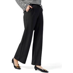 AFITNE Womens Wide Leg Work Pants High Waist Pull On Dress Pants Elastic Waistband Casual Slacks with Thick Fabric (Black) L