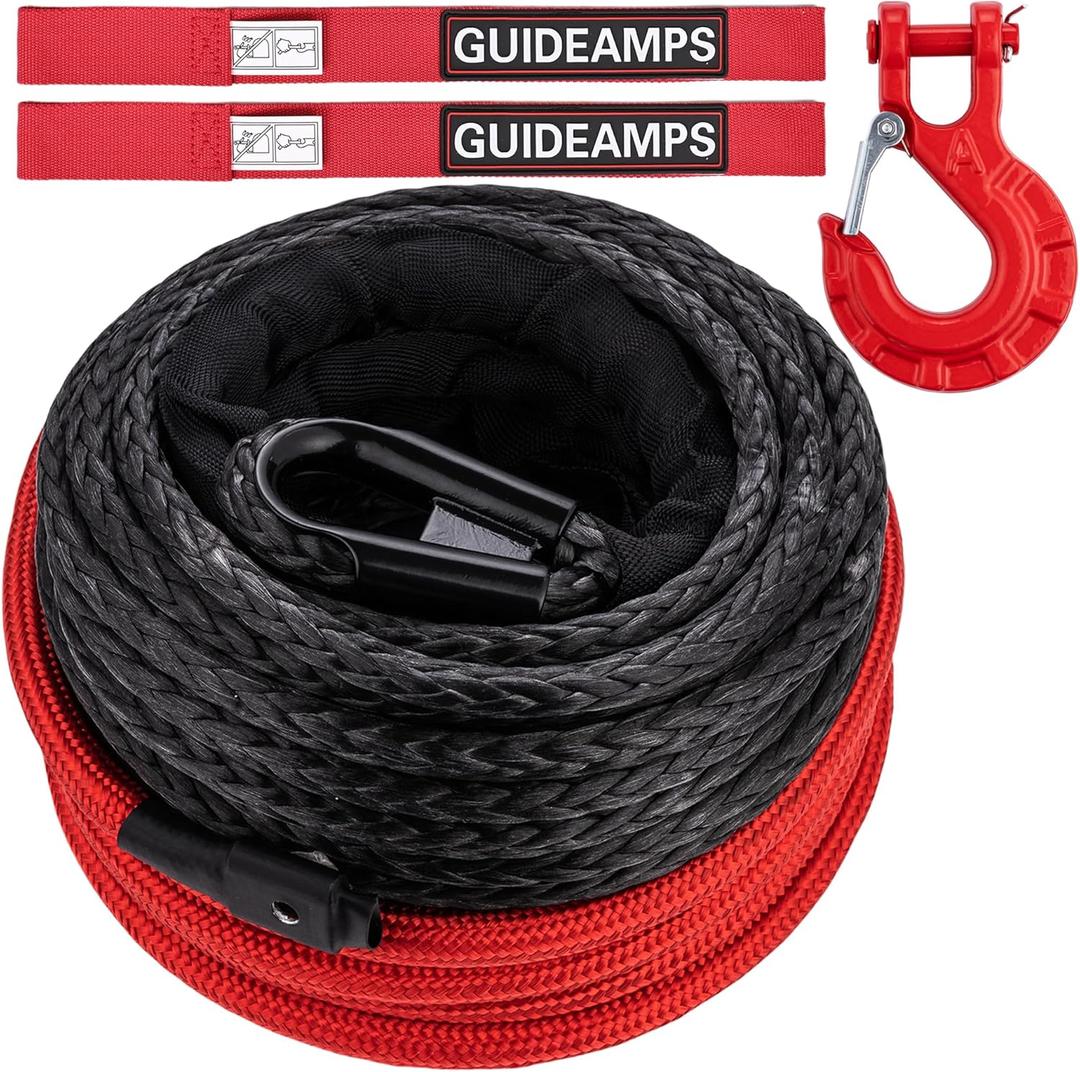 3/8" x 92ft Synthetic Winch Rope, 25,500LBS Heavy Duty Winch Cable with Protective Sleeve, Forged Winch Hook & Safety Strap for Off-Road 4x4, SUV, Jeep, Truck (Black)