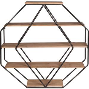 Kate and Laurel Lintz Large Octagon Shaped Floating Wood Book Shelves for Decorative Wall Display, Black Metal Frame with Rustic Brown Shelves, 30.5x31