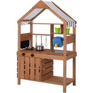 Mud Kitchen for Kids Outdoor, Kids Kitchen Playset with Canopy, Gardening Tools, Chalkboard, Flower Pot, Cookingware, Removable Water Tank, Ideal Gift for Boys and Girls 3+, Solid Fir Wood.