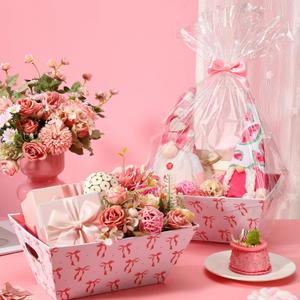 Kolldenn 24 Pcs Pink Bow Valentine's Day Empty Gift Basket Bulk to Fill for DIY 8" x 10" Gift Basket Kit with Handles 8 Cardboard Tray 8 Bags and 8 Bows for Wedding Party Wrapping