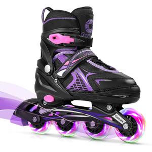 Gonex Inline Skates for Girls Boys Kids, Adjustable Skates Outdoor Blades Inline Roller Skates for Children Teens Women with Light Up Wheels for Indoor Outdoor Backyard Skating (L - Youth (4Y-7Y), Purple)
