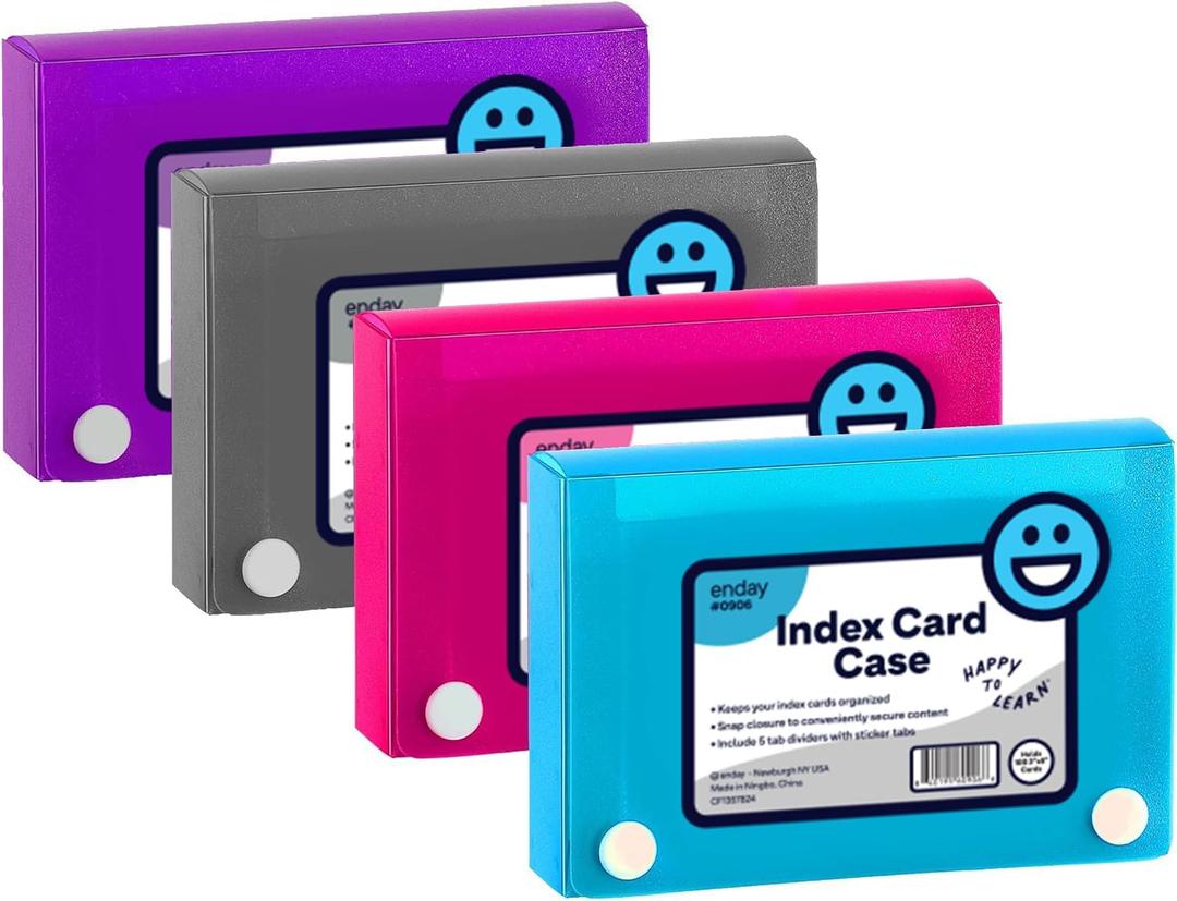 3" X 5" Index Card Case Holds 100 Cards Includes Business Card/Index Holder and 5 Tab Dividers Comes in Assorted Color  (Pack of 4) By (Emraw)