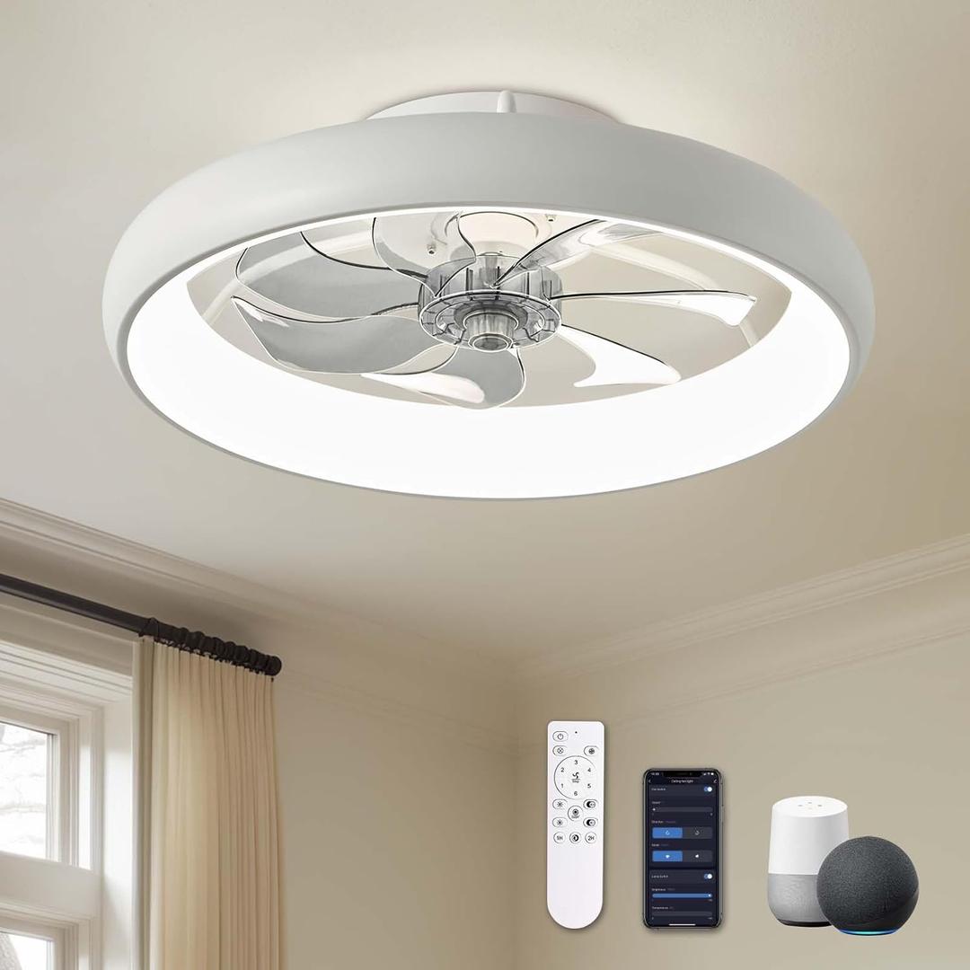 20" Modern White Flush Mount Ceiling Fan with Lights, 6 Wind Speeds, LED, Voice Control, Bedroom, Living Room, Kitchen (White-Y1095-WH02)