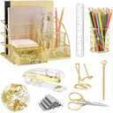 KAAKOW Gold Desk Organizers and Accessories Office Supplies Set Stapler, Pen Holder, Phone Holder, Scissors, Pen, Ruler, 30 Paper Clips, 22 Binder Clip, 20 Tacks and 1000pcs Staples (Gold), Missing Part