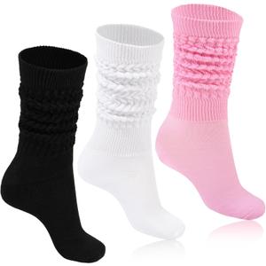 Moon Wood Women Slouch Socks 3 Pairs Extra Long Cotton Knit Knee High Thick Scrunch Socks Size 5-11 (Black/White/Pink) Moon Wood Women Slouch Socks 3 Pairs Extra Long Cotton Knit Knee High Thick Scrunch Socks Size 5-11 (Black/White/Pink)